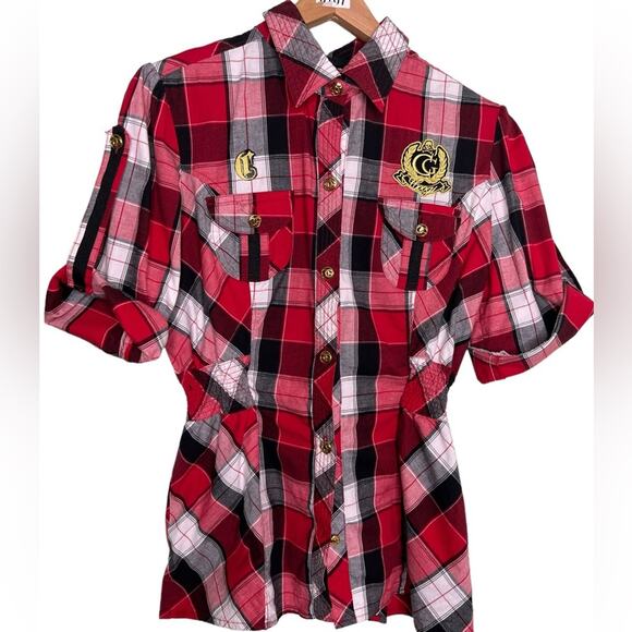 COOGI Button Down Shirt Roll Tab Long Sleeves Red Black Plaid Elastic Waist Sz L - Picture 1 of 12